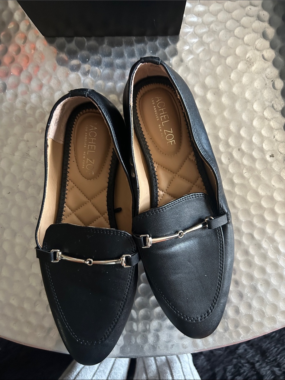 Rachel Zoe Black Leather Loafers with Silver Bit Detail